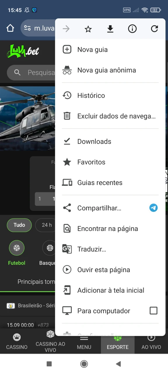 Abra o menu para instalar o aplicativo Luvabet no iOS.