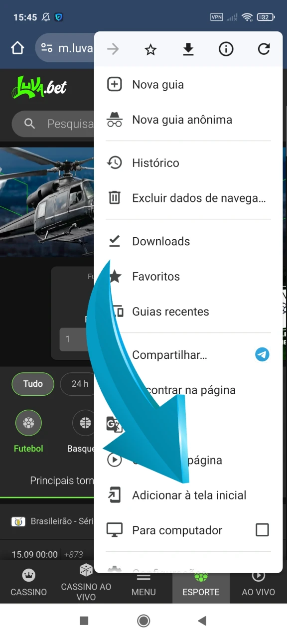 Clique no botão adicionar para instalar o aplicativo Luvabet no Android.