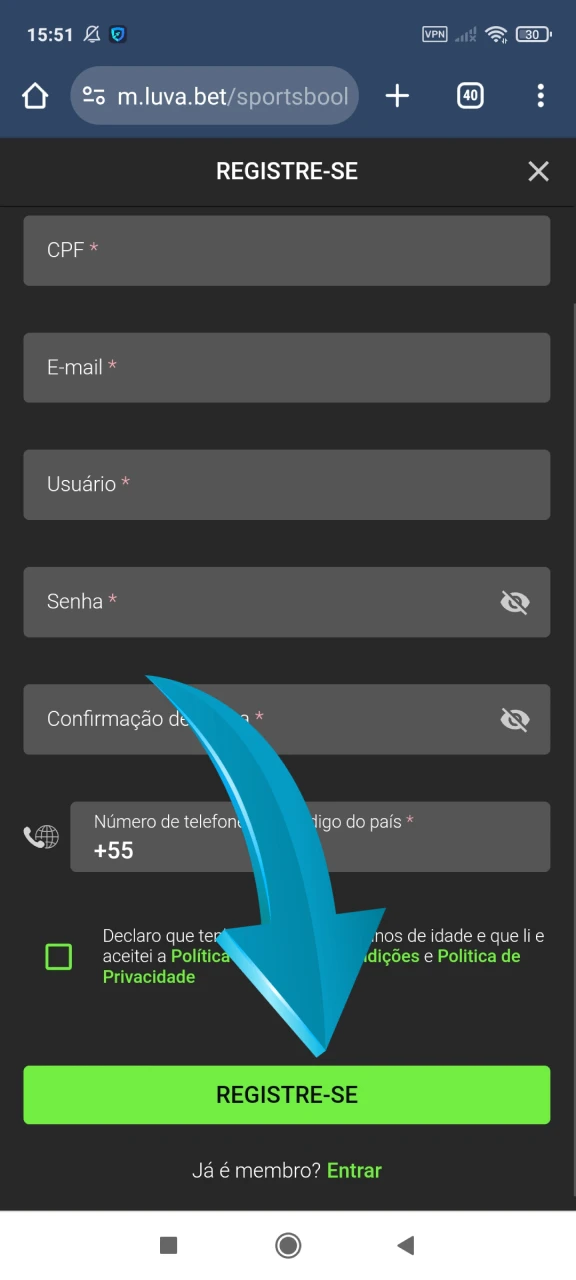 Conclua seu cadastro na Luvabet.