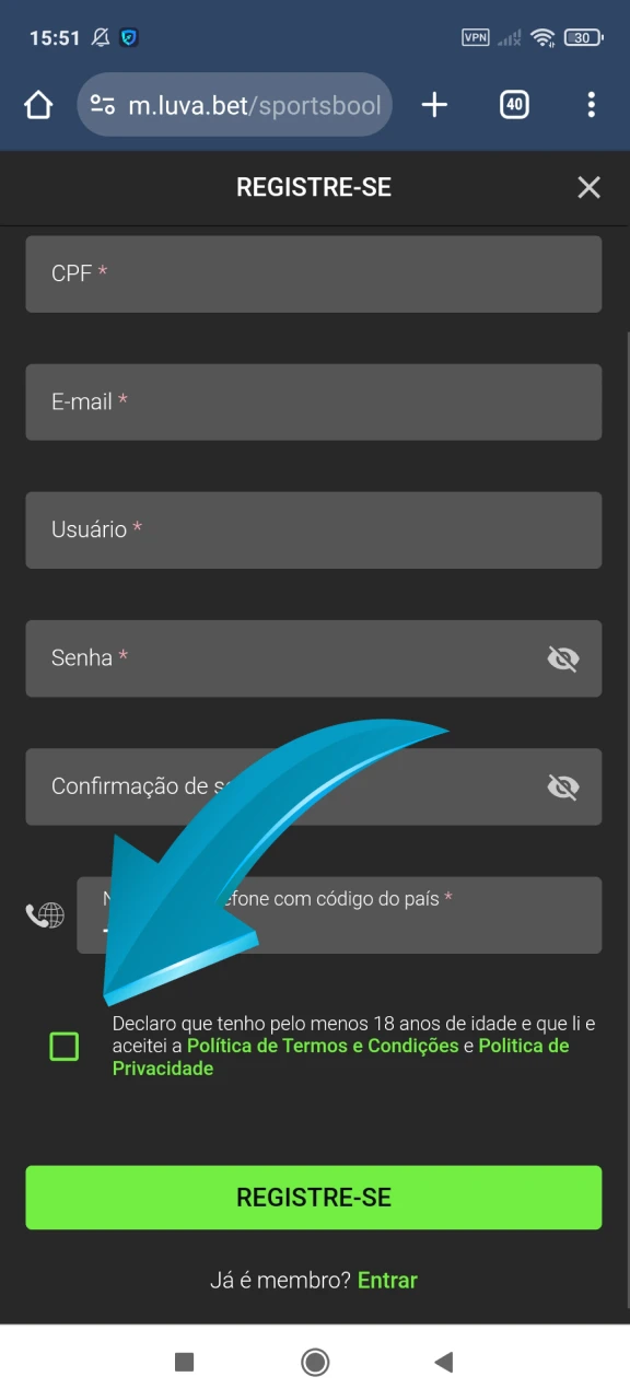 Revise o acordo na janela de registro da Luvabet.